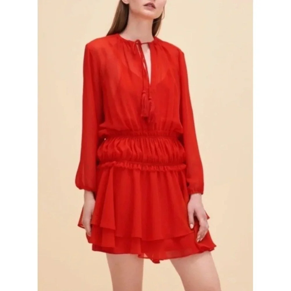 MAJE Rulla Shirred Waist Mini Dress Red Women Size 1 Small Ruffle Skirt Slip